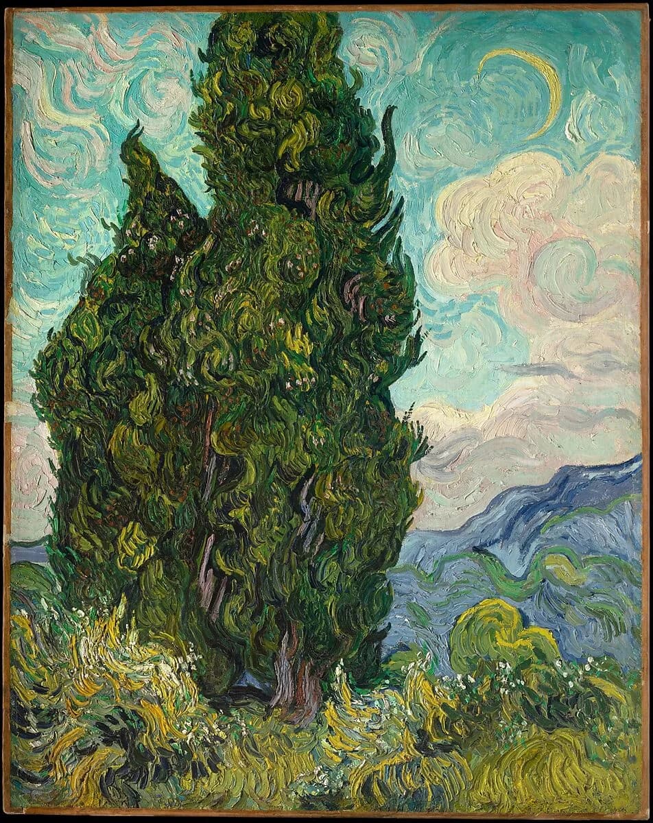 画面の左を占める背の高い糸杉と、渦を巻く筆致の空、右奥の丘、手前の草むらを描いた縦長の油彩画