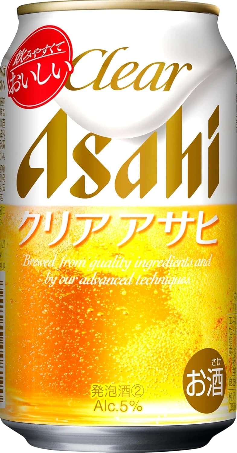 クリアアサヒの缶。黄色と白のツートーンに「Clear Asahi」「クリア アサヒ」の文字と泡の絵
