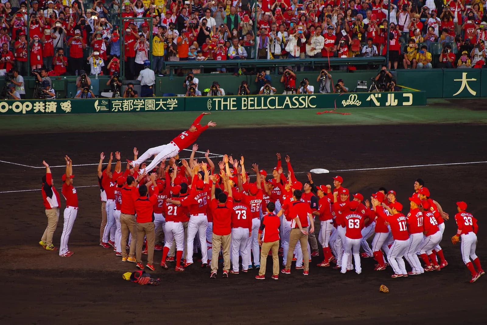ナイターの球場で、赤いユニフォームの選手たちが監督を胴上げして宙に投げている