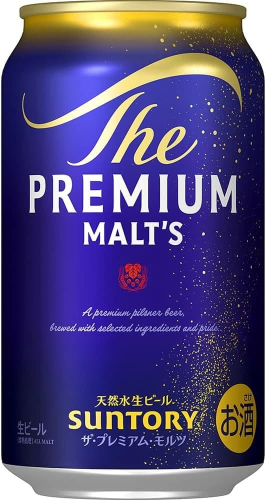 ザ・プレミアム・モルツの缶。紺色の地に金の飾りと「The PREMIUM MALT'S」の文字