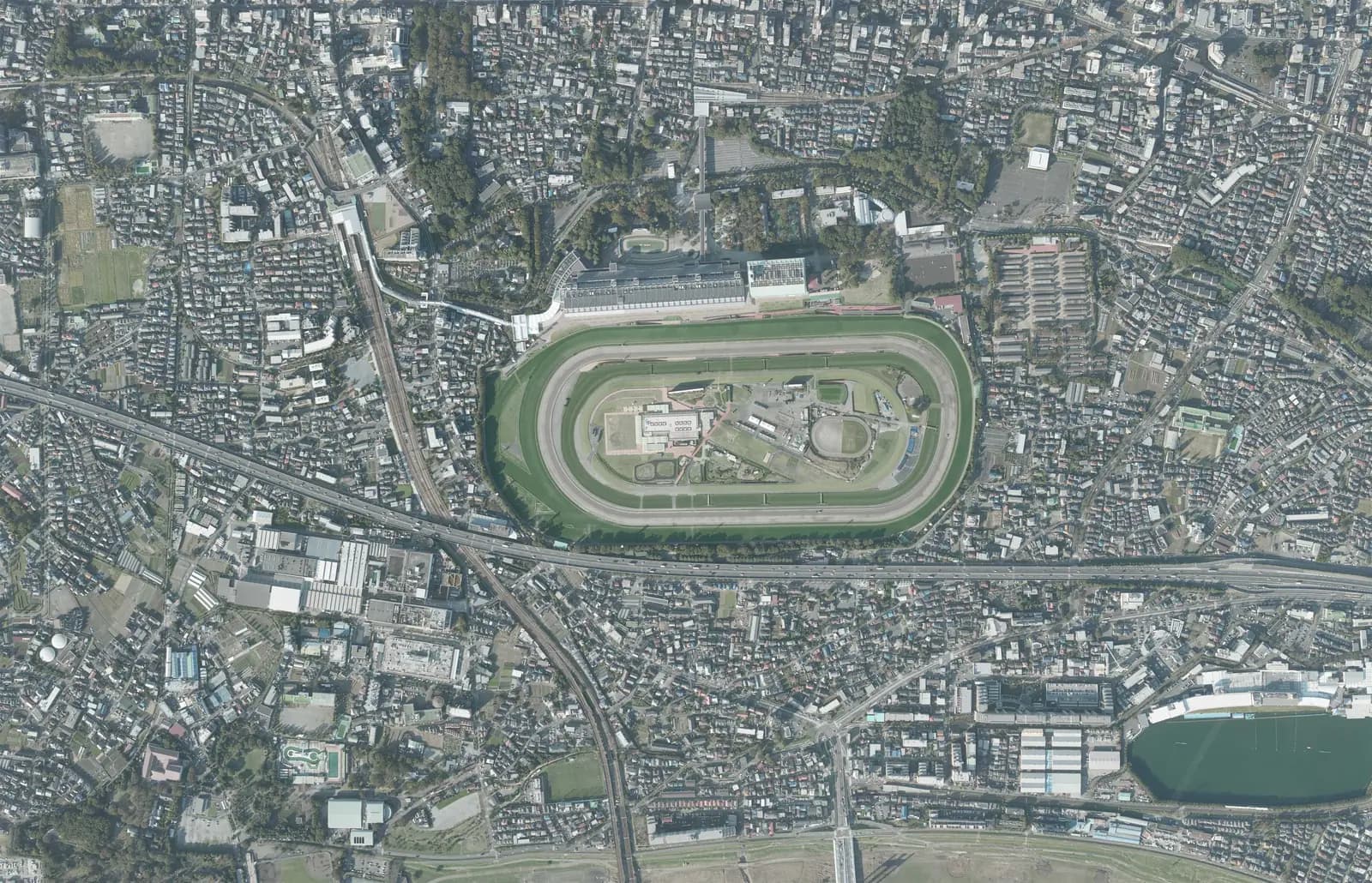 上空から見た東京競馬場。内と外に分かれていない一本の広いコースが楕円を描き、左手前にスタンドが伸びている