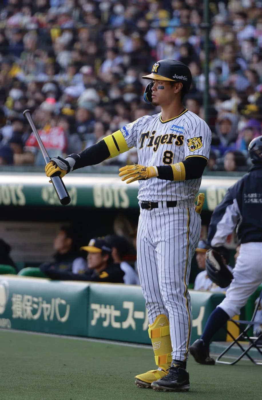 縦縞のユニフォームでバットを持つ打者。背番号8、黒いヘルメット。奥のスタンドは観客で埋まっている